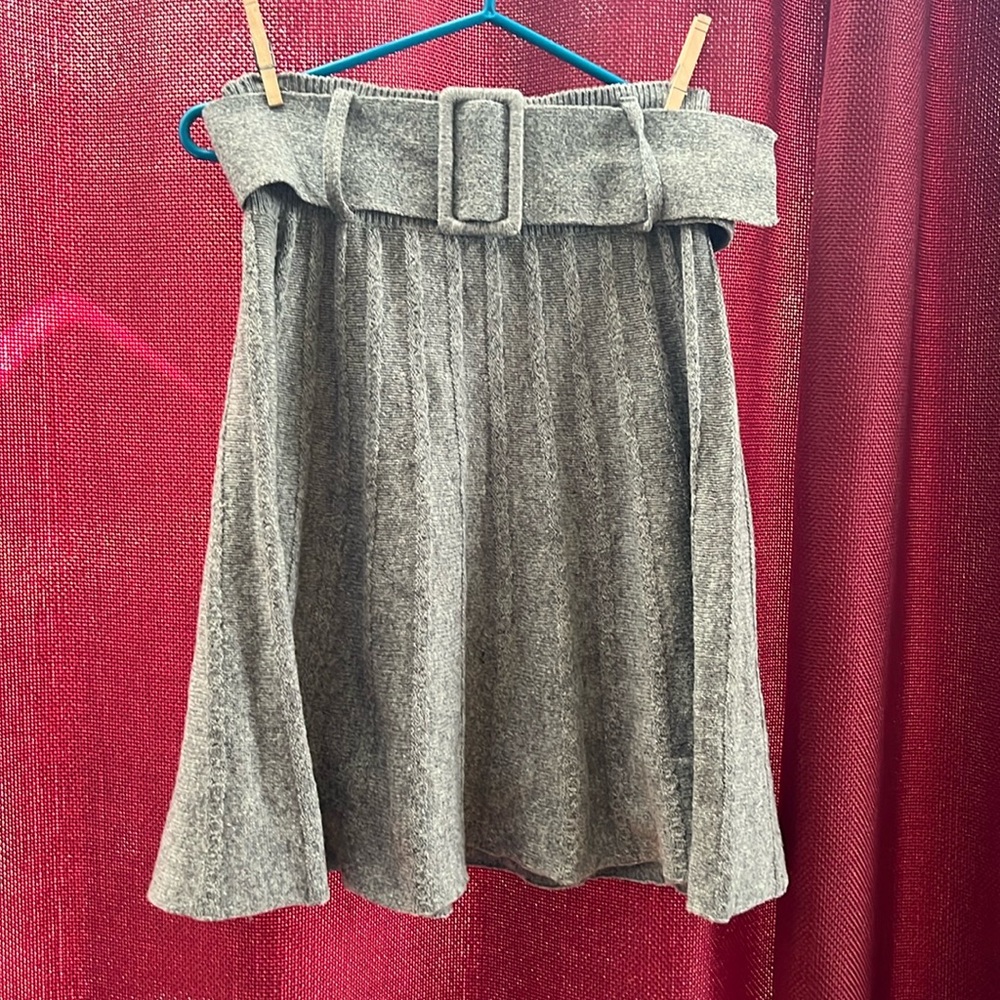 Grey Belted Sweater Skater Skirt